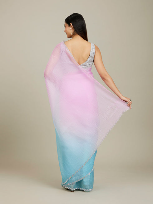 Mohey Enchanting Blue-Pink Organza Saree