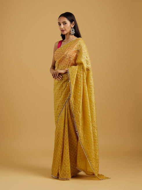 Mohey Glowing Sunshine Yellow Organza Saree