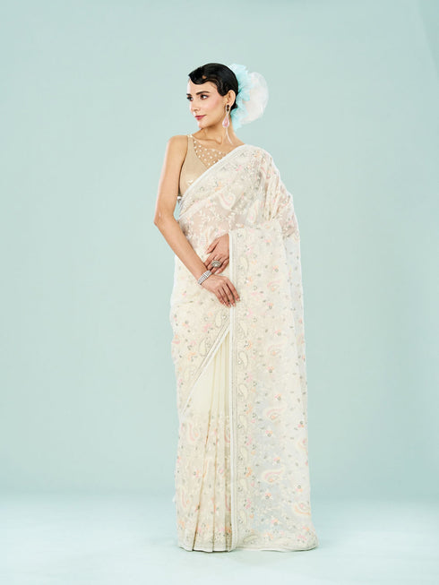 Mohey Elegant Cream Organza Saree