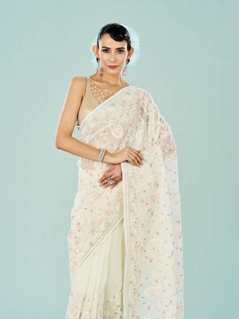 Mohey Elegant Cream Organza Saree
