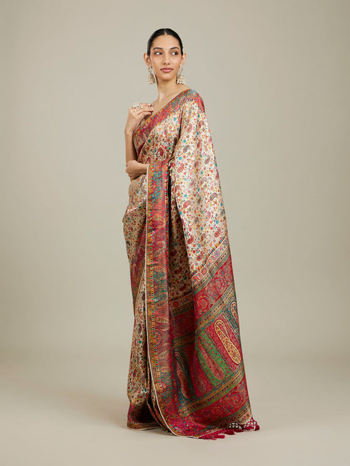 Mohey Cream White Floral Jaal Patterned Saree with Paisley Motifs