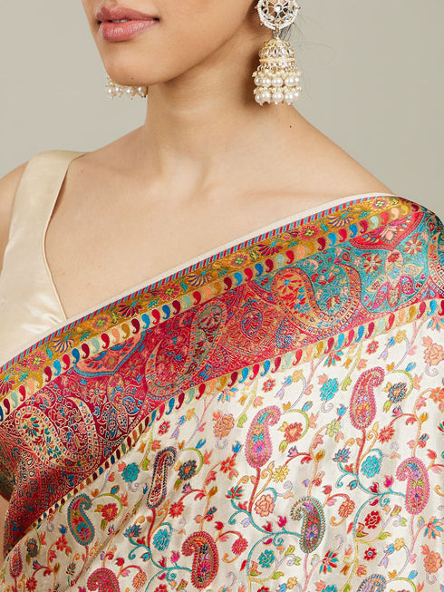 Mohey Cream White Floral Jaal Patterned Saree with Paisley Motifs