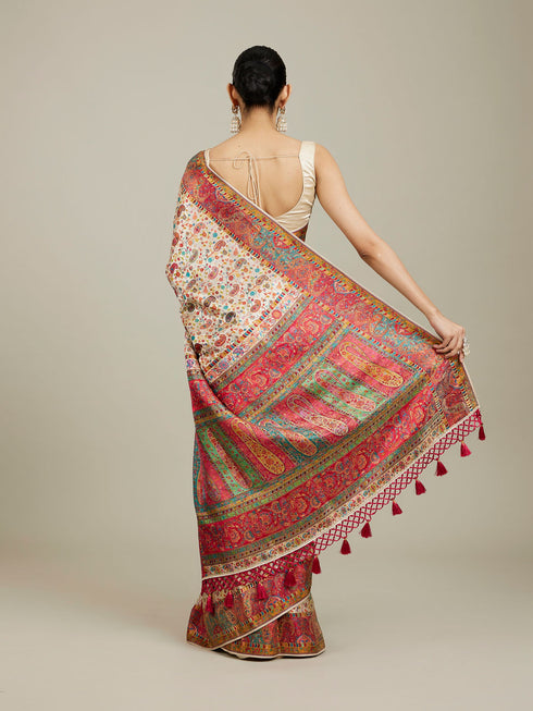 Mohey Cream White Floral Jaal Patterned Saree with Paisley Motifs