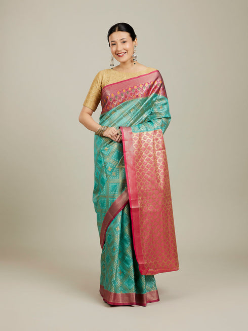 Mohey Turquoise Blue Grid Patterned Saree with Buta Motifs