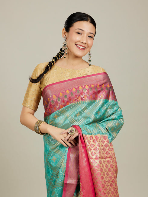 Mohey Turquoise Blue Grid Patterned Saree with Buta Motifs