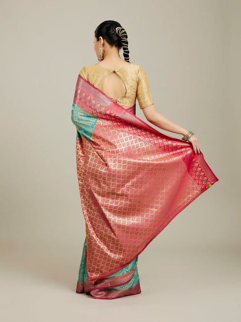 Mohey Turquoise Blue Grid Patterned Saree with Buta Motifs