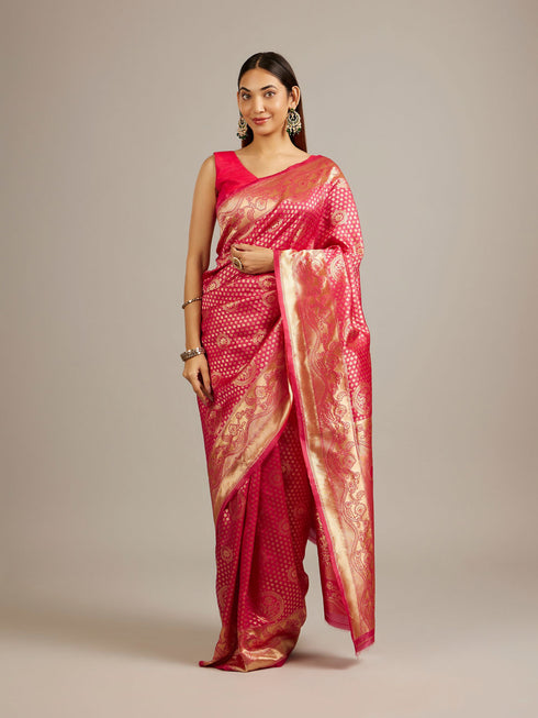 Mohey Rani Pink Floral Buta Patterned Saree with Intricate Bel Buti Borders