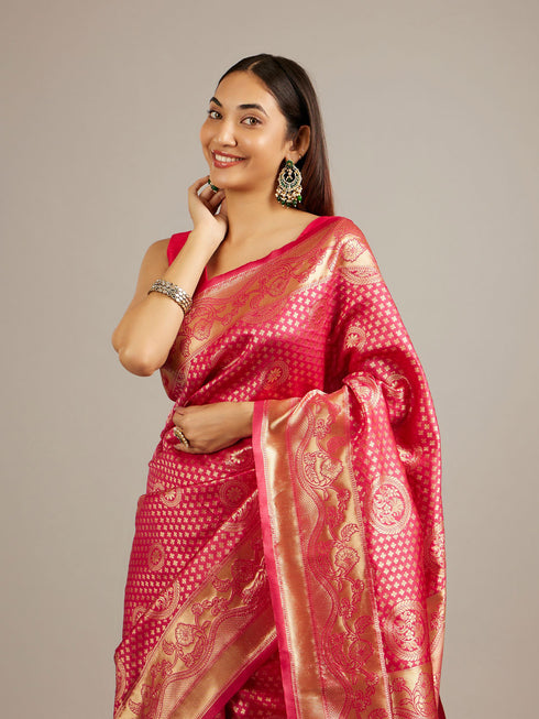 Mohey Rani Pink Floral Buta Patterned Saree with Intricate Bel Buti Borders