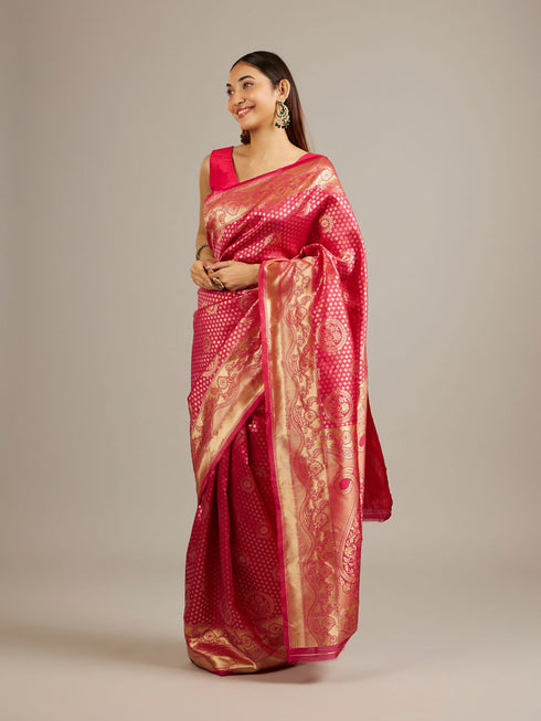 Mohey Rani Pink Floral Buta Patterned Saree with Intricate Bel Buti Borders