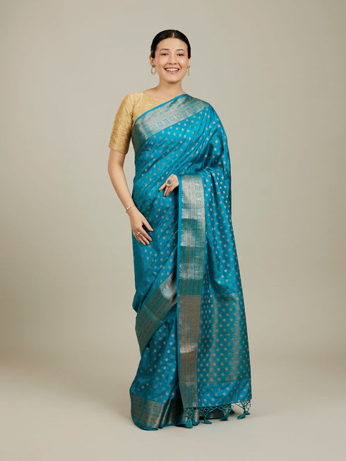 Mohey Teal Blue Buta Patterned Saree with Intricate Borders