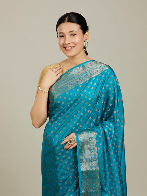 Mohey Teal Blue Buta Patterned Saree with Intricate Borders