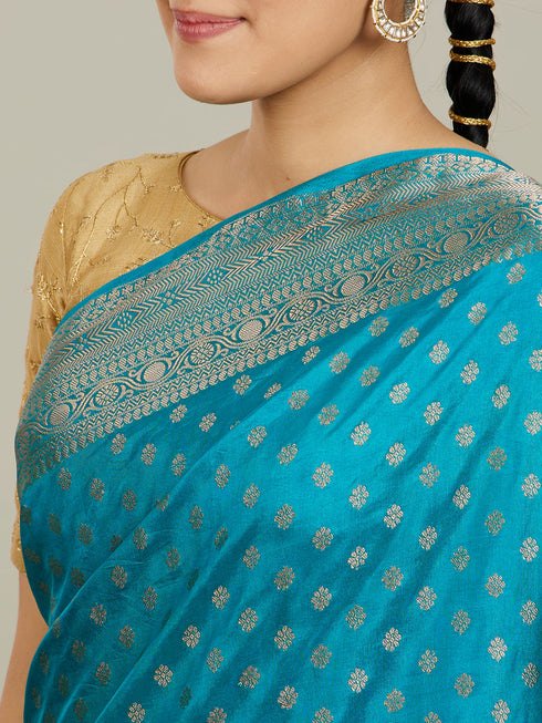 Mohey Teal Blue Buta Patterned Saree with Intricate Borders