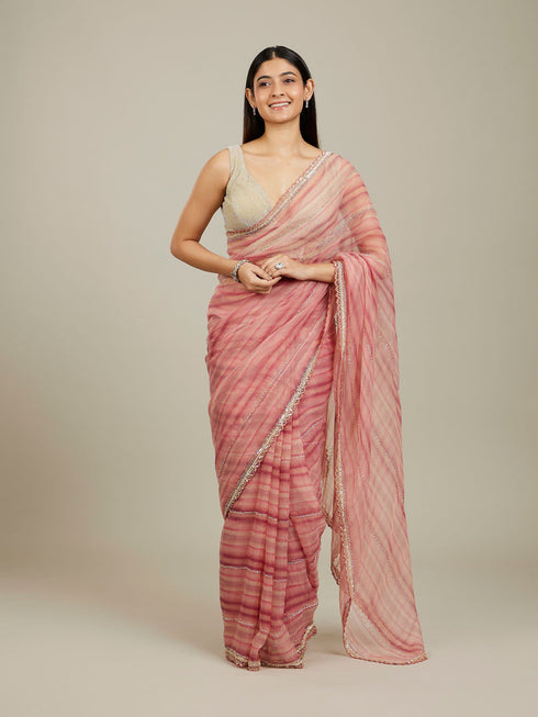 Mohey Coral Pink Diagonal Striped Saree with Cutdana And Sequin Work
