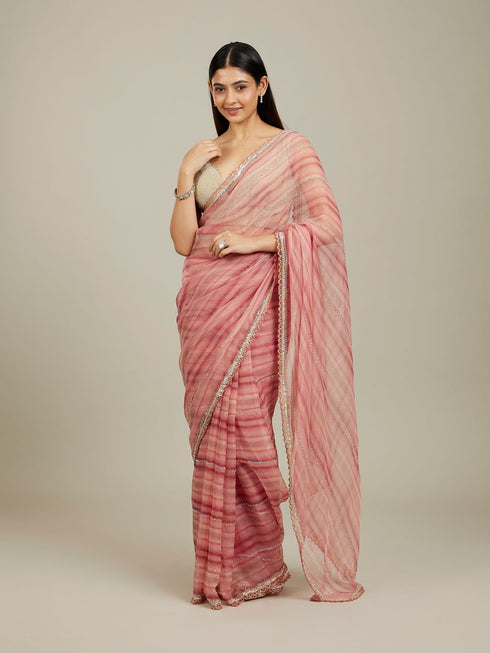 Mohey Coral Pink Diagonal Striped Saree with Cutdana And Sequin Work