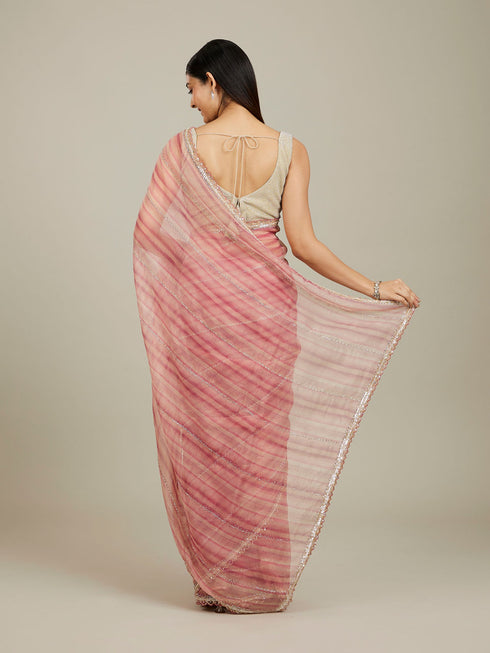 Mohey Coral Pink Diagonal Striped Saree with Cutdana And Sequin Work