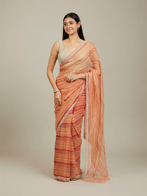 Mohey Rust Red Diagonal Striped Saree with Cutdana And Sequin Work