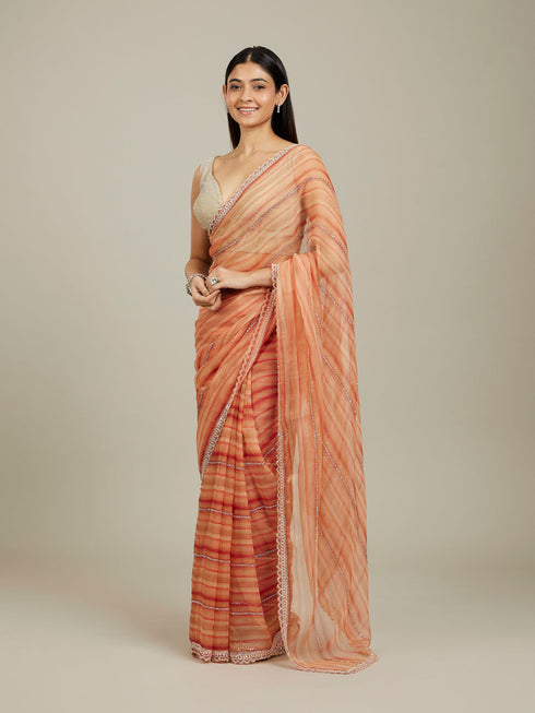 Mohey Rust Red Diagonal Striped Saree with Cutdana And Sequin Work