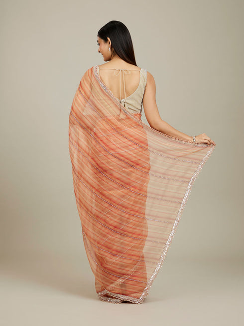 Mohey Rust Red Diagonal Striped Saree with Cutdana And Sequin Work