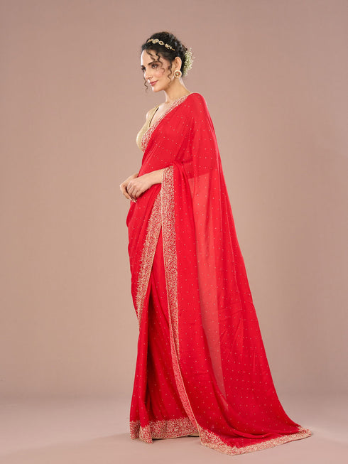 Mohey Radiant Red Chinon Saree