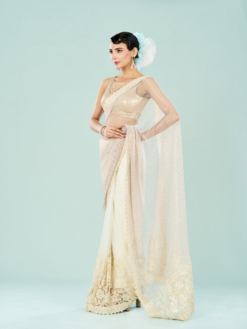 Mohey Stylish Cream Knit Saree