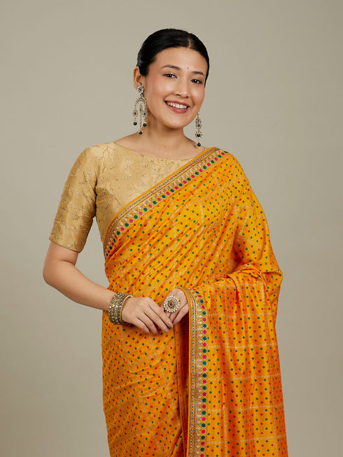 Mohey Mustard Yellow Linear Patterned Bandhani Saree with Rhinestone Work
