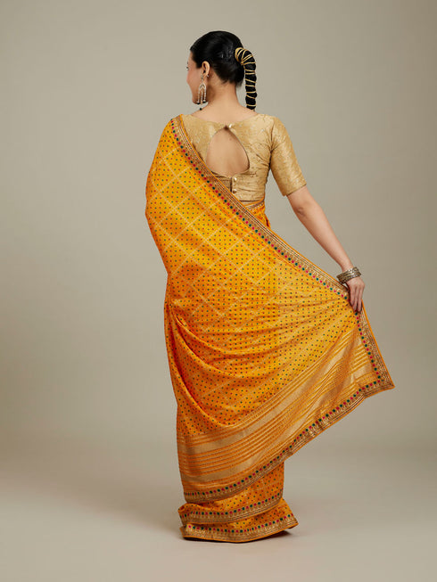 Mohey Mustard Yellow Linear Patterned Bandhani Saree with Rhinestone Work