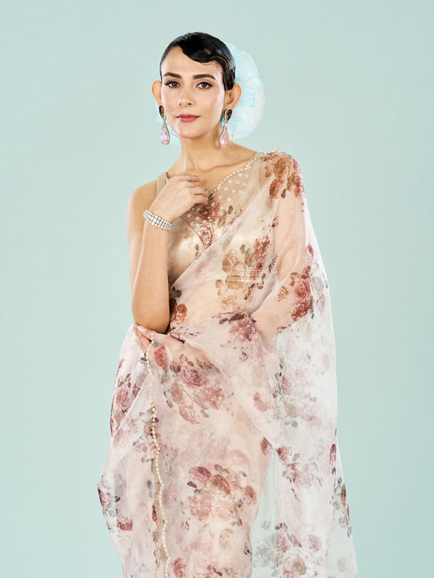 Mohey Organza Cream Radiance Saree