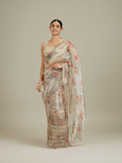 Mohey Soft Cream Floral Printed Saree with Scalloped Rhinestone Border