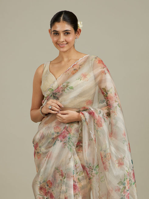 Mohey Soft Cream Floral Printed Saree with Scalloped Rhinestone Border