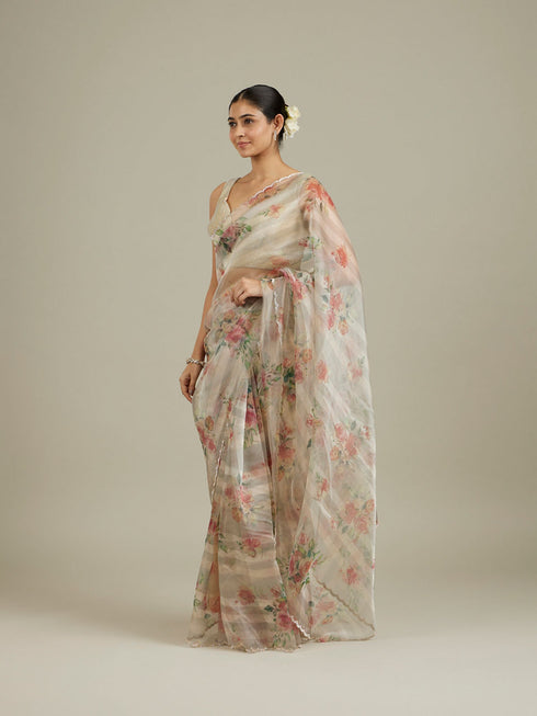 Mohey Soft Cream Floral Printed Saree with Scalloped Rhinestone Border