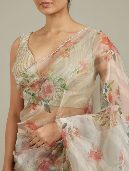 Mohey Soft Cream Floral Printed Saree with Scalloped Rhinestone Border