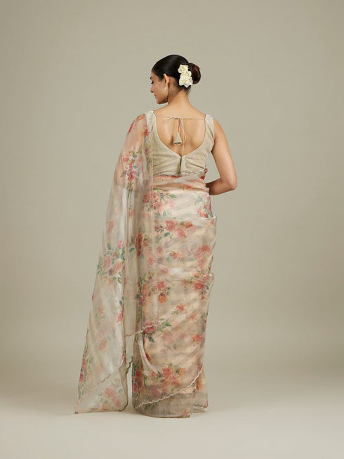 Mohey Soft Cream Floral Printed Saree with Scalloped Rhinestone Border