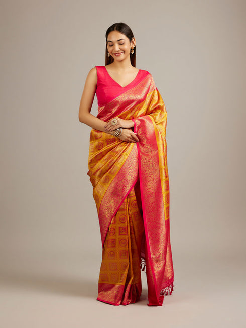 Mohey Mustard Yellow Jaal Patterned Saree with Square Motifs And Bel Buti Borders