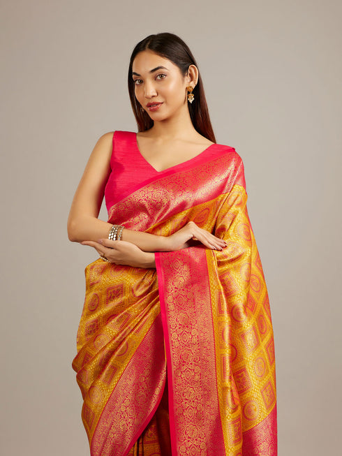 Mohey Mustard Yellow Jaal Patterned Saree with Square Motifs And Bel Buti Borders