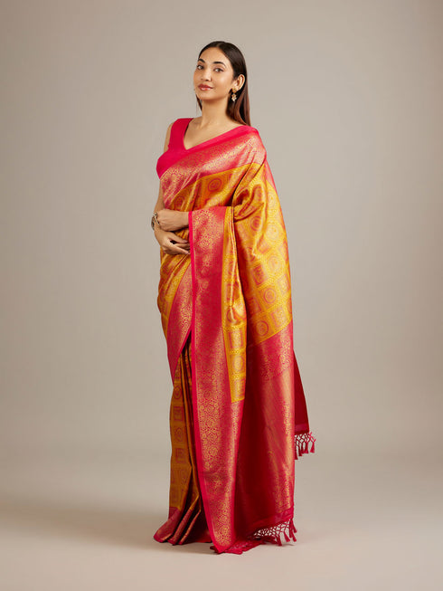 Mohey Mustard Yellow Jaal Patterned Saree with Square Motifs And Bel Buti Borders