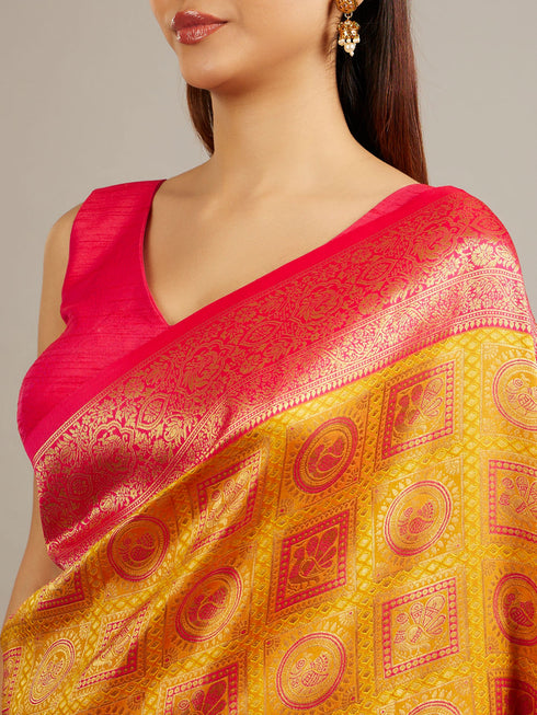 Mohey Mustard Yellow Jaal Patterned Saree with Square Motifs And Bel Buti Borders