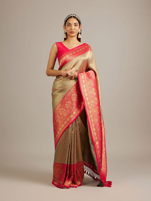 Mohey Ash Grey Buta Jaal Patterned Saree with Intricate Floral Border