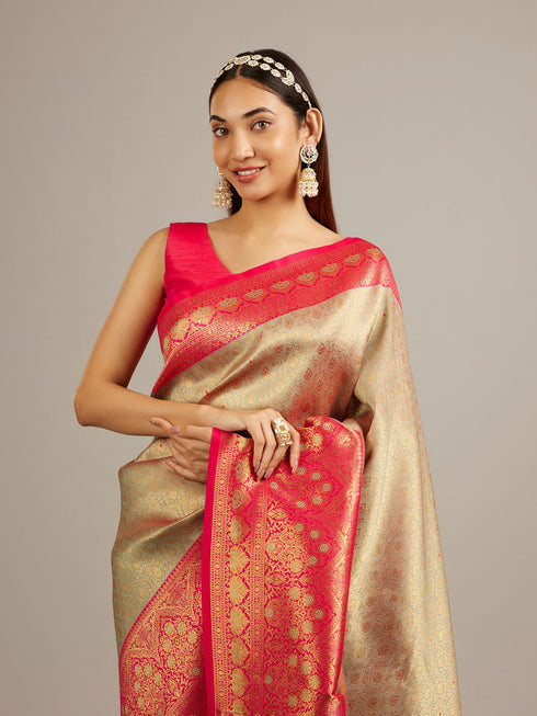 Mohey Ash Grey Buta Jaal Patterned Saree with Intricate Floral Border