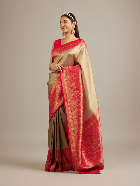 Mohey Ash Grey Buta Jaal Patterned Saree with Intricate Floral Border