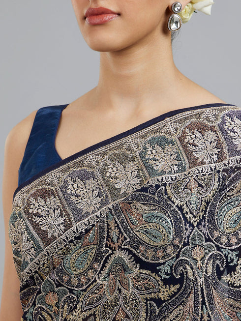 Mohey Indigo Blue Georgette Festive Saree