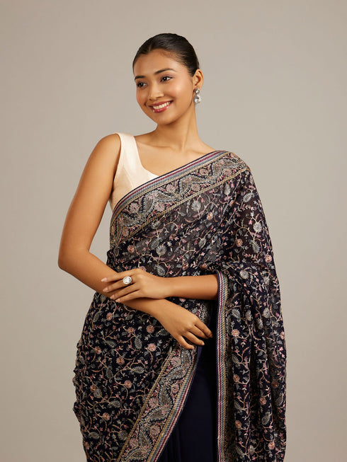 Mohey Indigo Blue Bel Buti Embroidered Saree with Rhinestone Work