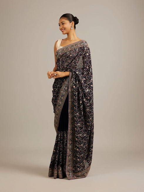 Mohey Indigo Blue Bel Buti Embroidered Saree with Rhinestone Work