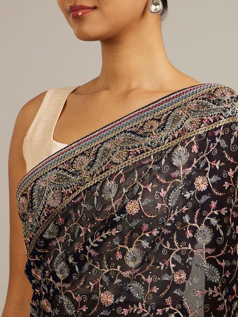 Mohey Indigo Blue Bel Buti Embroidered Saree with Rhinestone Work