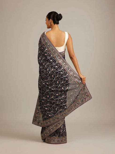 Mohey Indigo Blue Bel Buti Embroidered Saree with Rhinestone Work