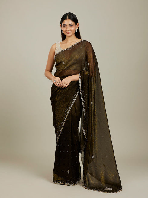Mohey Mehndi Green Floral Buta Embroidered Saree with Rhinestone Work