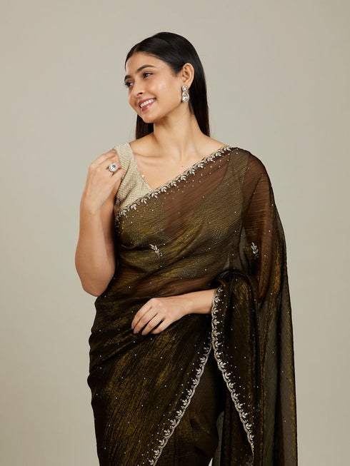 Mohey Mehndi Green Floral Buta Embroidered Saree with Rhinestone Work