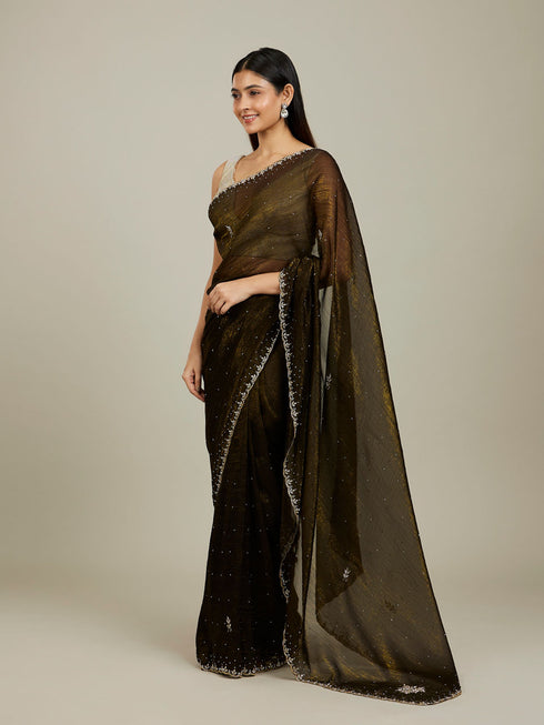 Mohey Mehndi Green Floral Buta Embroidered Saree with Rhinestone Work
