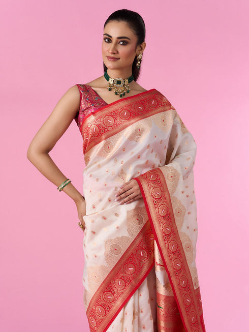 Mohey Elegant Cream Red Saree