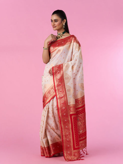 Mohey Elegant Cream Red Saree