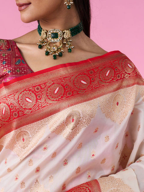 Mohey Elegant Cream Red Saree